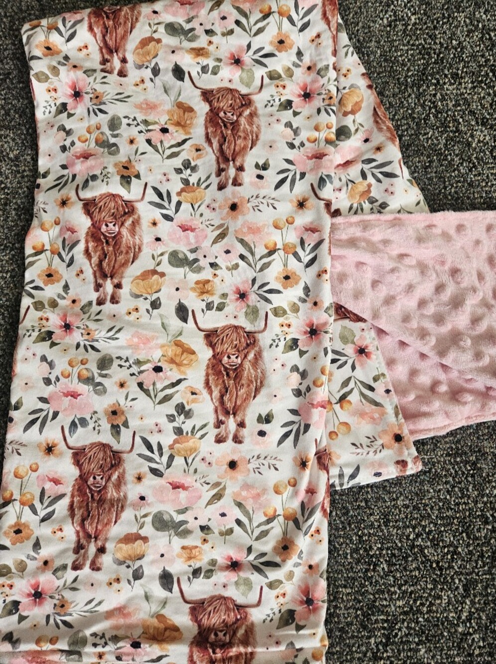 Highland Cow Floral Minky Baby Blanket - Pink